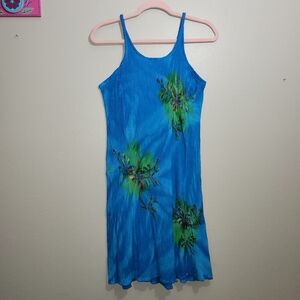 Vintage Tropical Batik Women’s OS Blue Green Embroidered Floral Hawaiian Dress